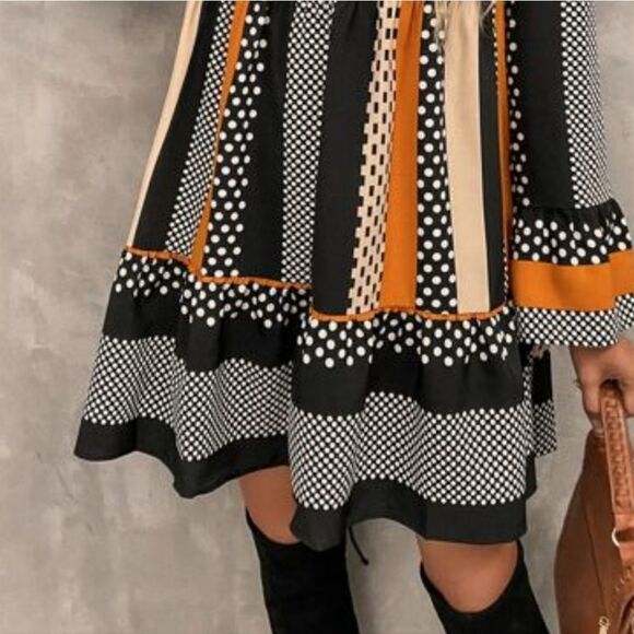 Striped Polka Dot black white orange fall halloween flouce dress Sz S NWOT - Picture 9 of 10